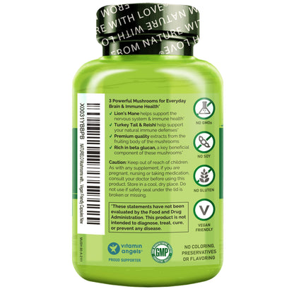 NATURELO Mushroom Supplement Capsules, 90 Ct, Brain & Immune Support, Vegan-Friendly, Lions Mane Supplement Capsules, Lion’s Mane, Reishi, Turkey Tail Blend