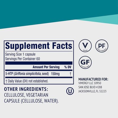 Vimergy 5-HTP, 150mg Per Serving, Vegan Capsules, 60 Servings | Promotes Healthy Mood and Sleep*, Ideal for Vital Mind and Energy, Rejuvenating formulation*, Clean Formula, Kosher