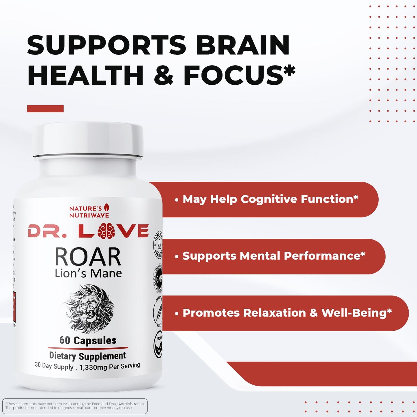 Dr. Love ROAR Lion's Mane – Cordyceps & Reishi – 60 Ct, 1 Month Supply | Also includes Lion's Mane with Cordyceps, Reishi & Shiitake | Vegan, Gluten-Free, GMP Certified, Made in USA