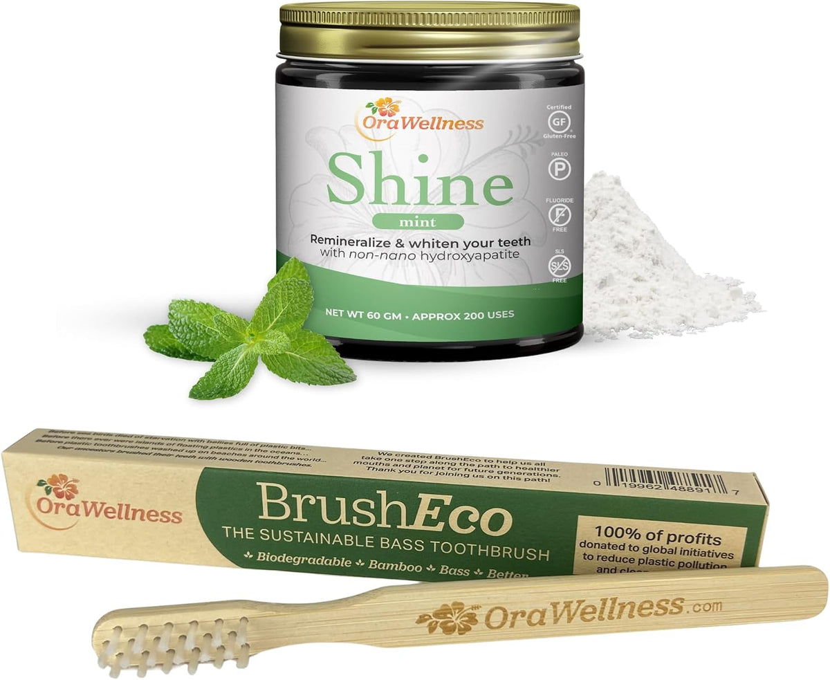 OraWellness Shine Mint Remineralizing Tooth Whitening Powder + BrushEco Bamboo Toothbrush with 3 Rows