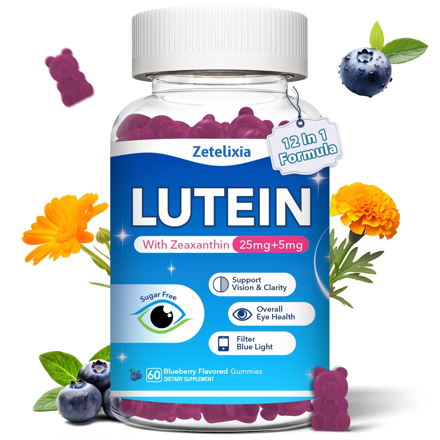 2 Pack Lutein Gummies, 12 in 1 Lutein and Zeaxanthin Supplements Eye Vitamins Gummies for Adults, Eye Health Supplement with Multiple Vitamin for Promoting Eye & Vision - 120 Gummies