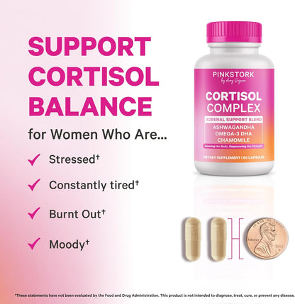 Pink Stork Cortisol Complex for Women - 60 Capsules | Adaptogenic Adrenal + Stress Support, 300mg Organic Ashwagandha, Algae DHA, Saffron, Methylated B Vitamins, Non-Drowsy