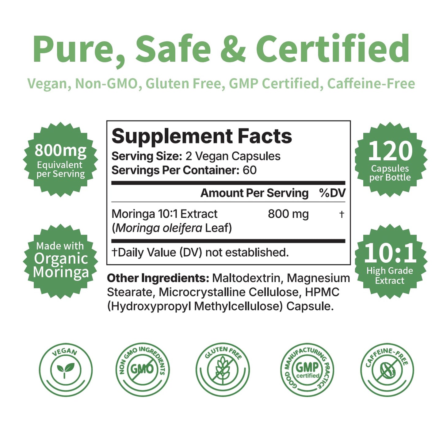 Moringa Capsules 800 mg Moringa 10:1 Extract – Vegan, Non-GMO, Gluten Free Superfood Supplement for Energy & Immune Health – 120 Capsules (1 Bottle)