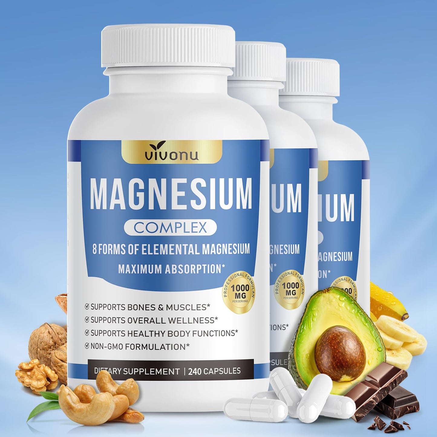 Pure Magnesium Glycinate 500mg, Magnesium Supplement with Vitamin B6 for High Absorption, Supports Stress Relief, Sleep, Muscle, Calm, Relaxation, Nerves* & Metabolism*, Non-GMO, 240 Vegan Capsules