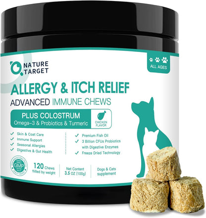 NATURE TARGET Dog Allergy Chews, Skin & Gut, Real Chicken, Freeze-Dried | Probiotics & Colostrum, Omega 3, Soothes Hot Spots, Stops Paw Licking, Digestive Health, Daily Immune Support, 120 Chews
