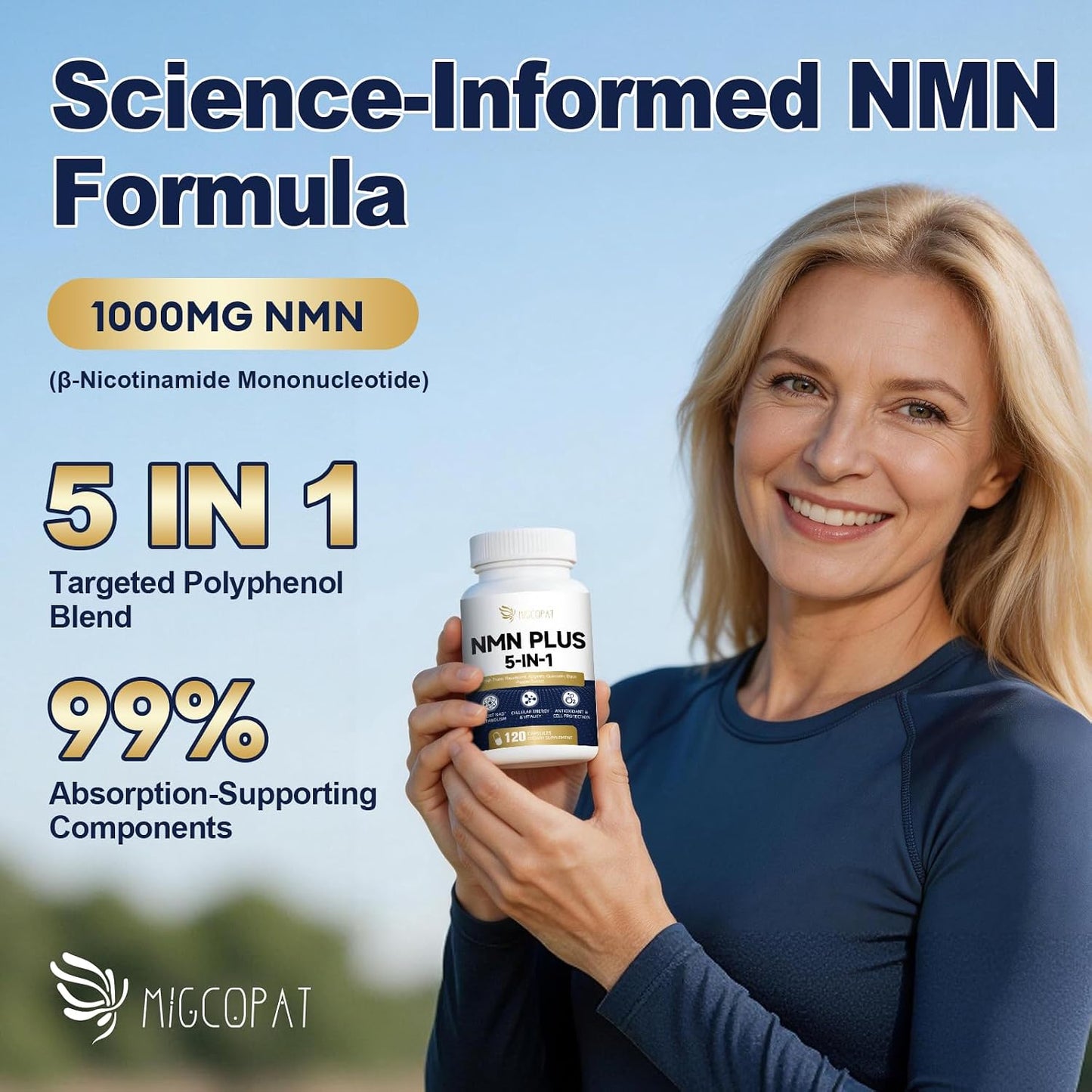 Migcopat NMN Supplement 1000mg – 5-in-1 NAD Supplement w/Resveratrol, Apigenin, Quercetin & Black Pepper – NMNH Alternative – Supports Cellular Energy, Healthy Aging & Longevity – 120 Veggie Capsules