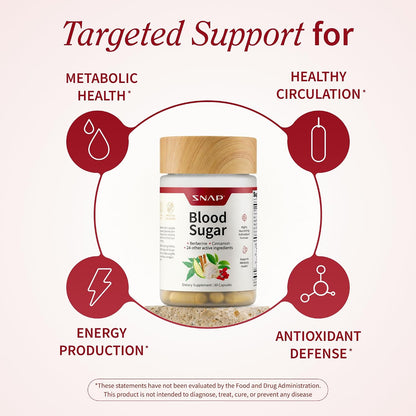 Snap Supplements Blood Sugar Blend with Berberine, CoQ10, 60 Vegan Capsules | Support Already Healthy Blood Sugar, Metabolic Health and Energy, Sugar Free, with CoQ10, Cinnamon (Packaging May Vary)