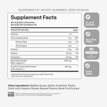 HumanN SuperBeets Heart Gummies Zero Sugar - Beet Gummy with Energy Support, Grape Seed Extract & Beetroot Powder - 60 Count