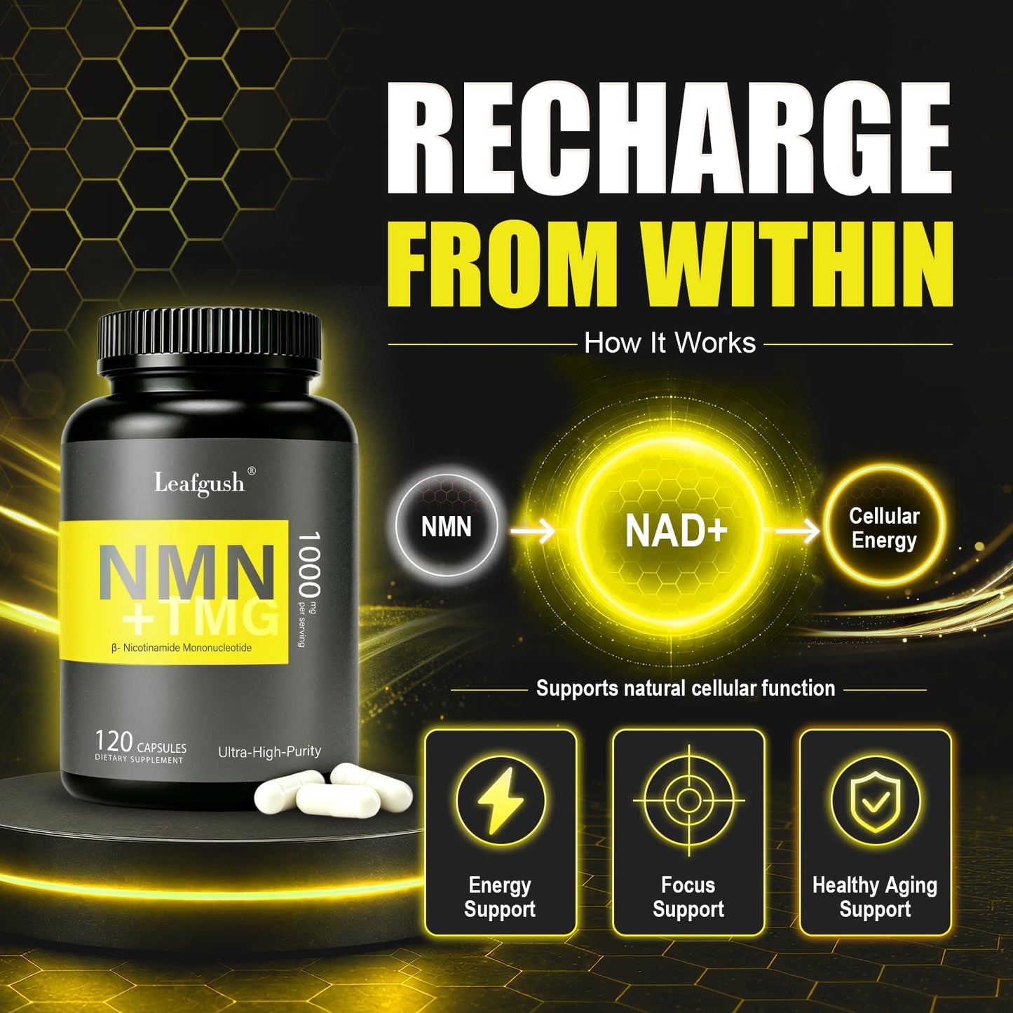 NMN Supplement 1000mg, NAD+ Precursor with TMG 300mg & Grape Seed Extract 100mg | Nicotinamide Mononucleotide for Cellular Energy, Daily Vitality & Healthy Aging Support