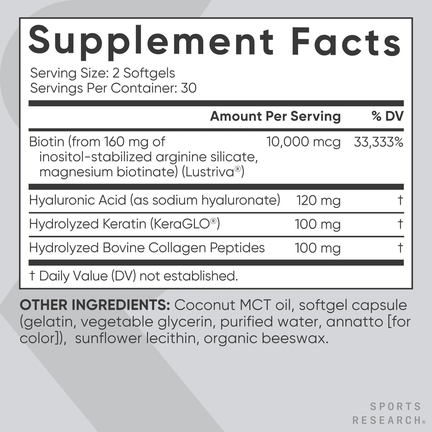 Sports Research® Biotin 10,000mcg with Organic Coconut Oil - Biotin (Vitamin B7) for Healthy Skin and Hair Support* - for Women and Men - Vegan, Non-GMO, Gluten & Soy-Free - 120 Veggie Softgels