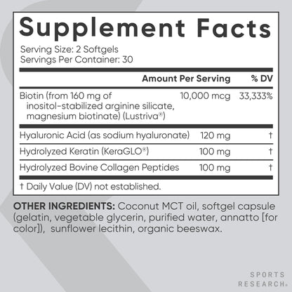 Sports Research® Biotin 10,000mcg with Organic Coconut Oil - Biotin (Vitamin B7) for Healthy Skin and Hair Support* - for Women and Men - Vegan, Non-GMO, Gluten & Soy-Free - 120 Veggie Softgels