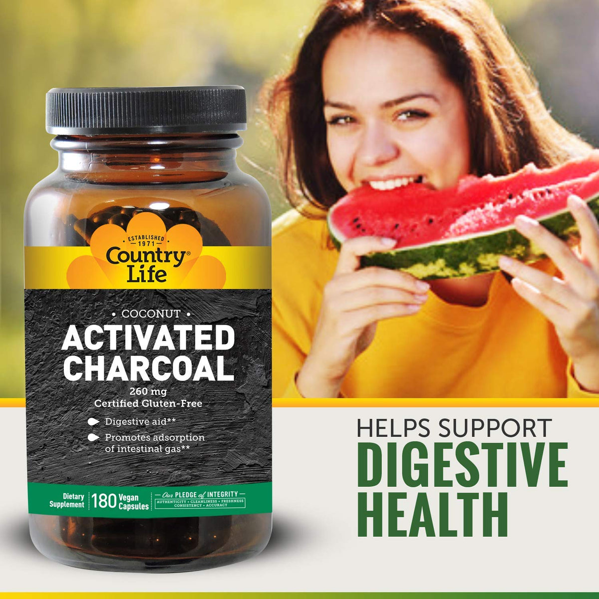 Country Life Natural Activated Charcoal - 260 mg 180 Capsules, Packaging May vary