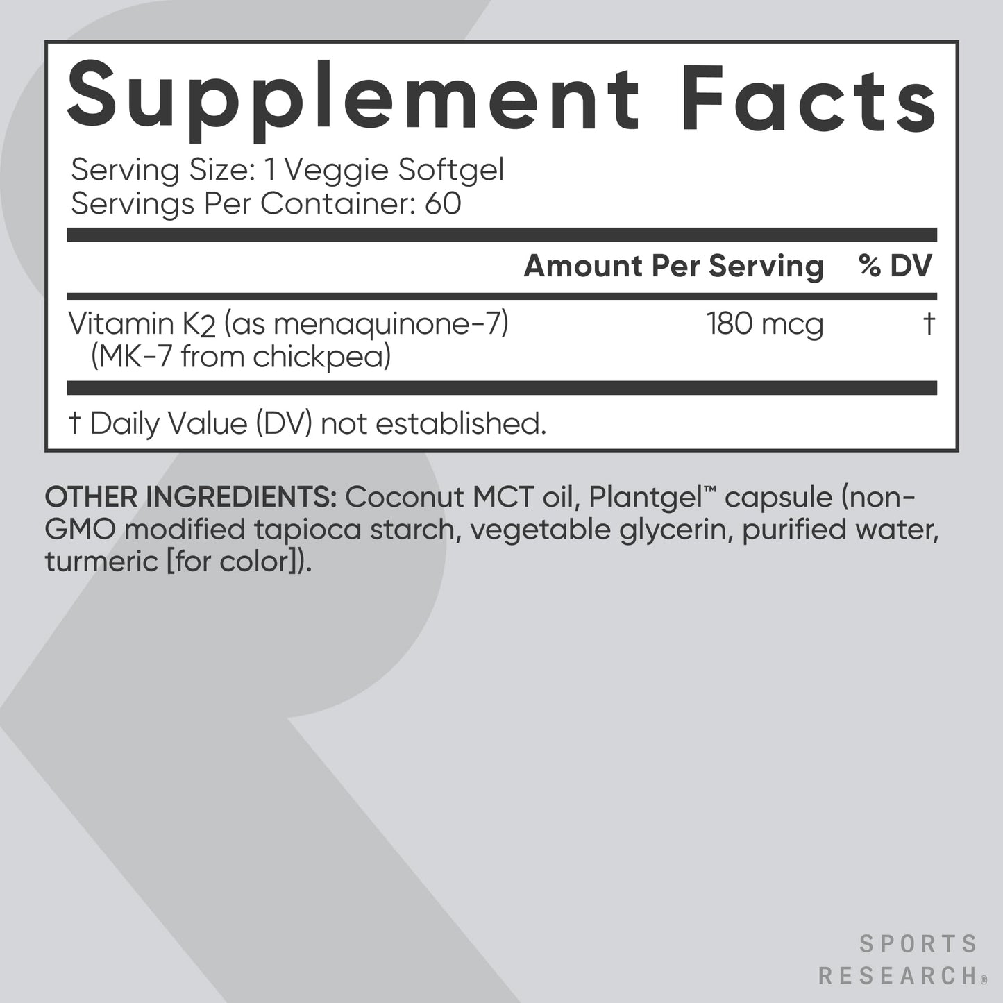 Sports Research® Vitamin K2 as MK-7 100mcg with Coconut MCT Oil - 60 Veggie Softgels (2 Month Supply) Vegan Certified, Non-GMO Verified, Gluten & Soy Free