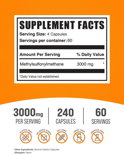 BulkSupplements.com MSM Capsules - Methylsulfonylmethane, MSM 3000mg - Joint Supplements, Gluten Free, 4 Capsules per Serving, 240 Count (Pack of 1)