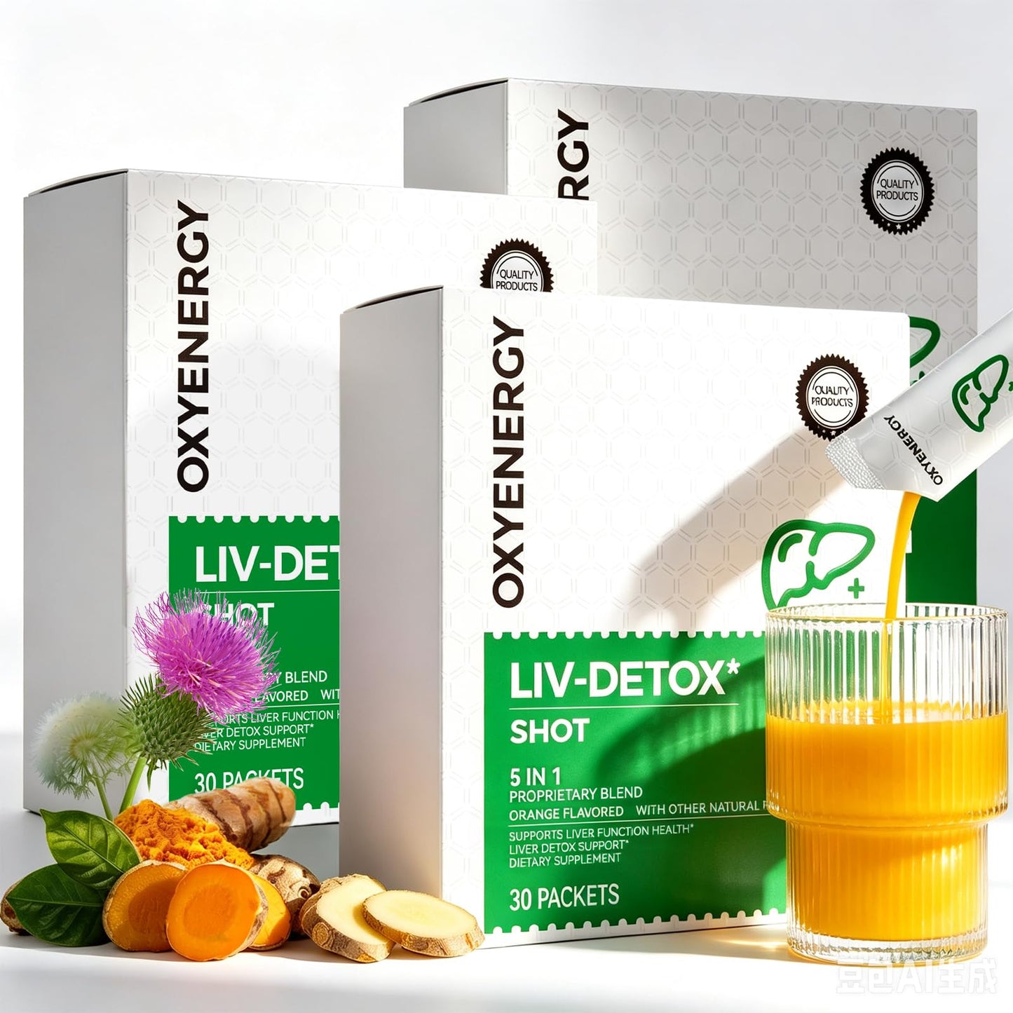 OxyEnergy Liver Cleanse Detox & Repair, Organic Milk Thistle Liver Detox Supplement with Turmeric, Ginger, 5-in-1 Support Liver Health & Digestion & Hangover Relief, Vegetarian, Gluten-Free, 30 Packs