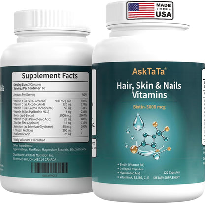 Women’s Hair Skin & Nails Vitamins Supplement,with Biotin,Collagen Peptides,Hyaluronic Acid,Vitamin A, C, E, B5,B6,Helps Maintain Skin Moisture and Suppleness,Support Hair Nails Health,120 Capsules