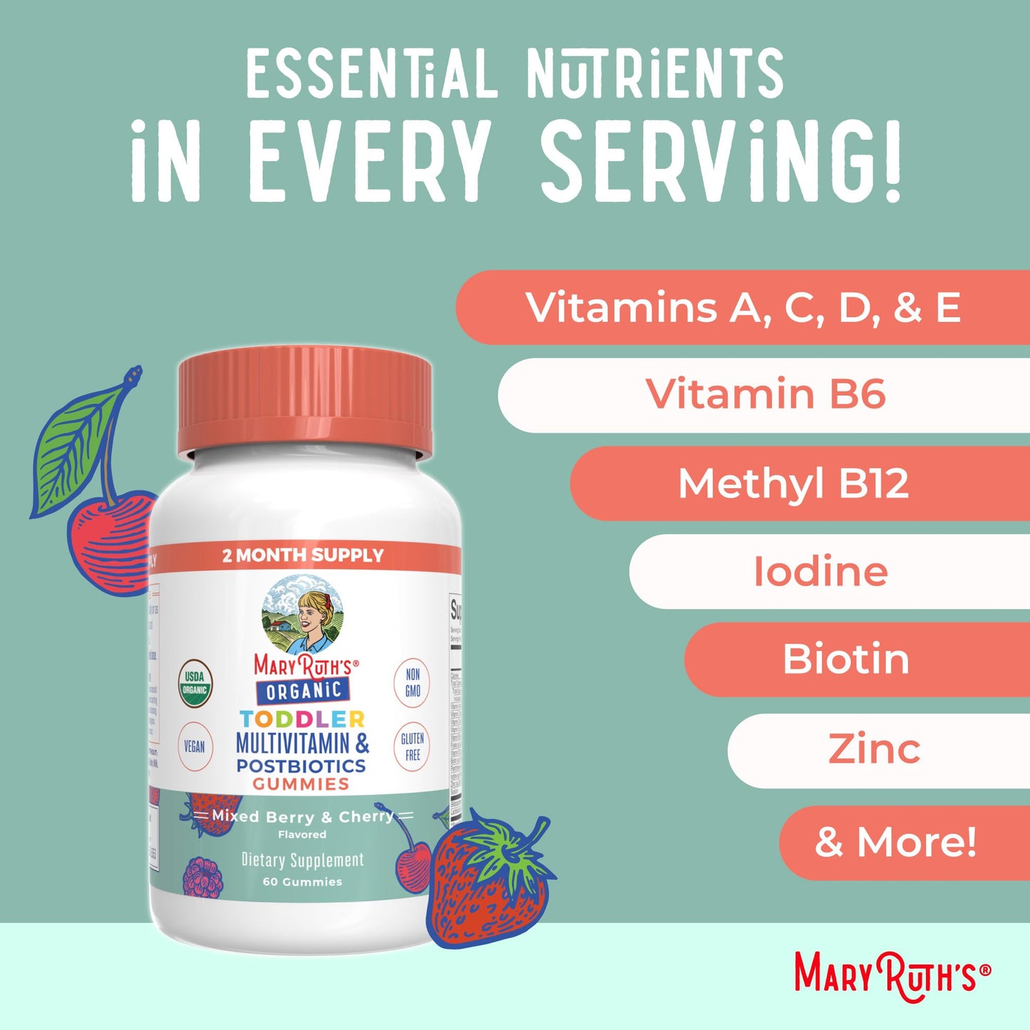 MARYRUTH'S Kids Vitamins USDA Organic | Multivitamin Gummies + Postbiotics for Ages 4+ | Multivitamin for Kids with Lactobacillus Rhamnosus | Children’s Vitamins | Vegan | Non-GMO | 60 Count