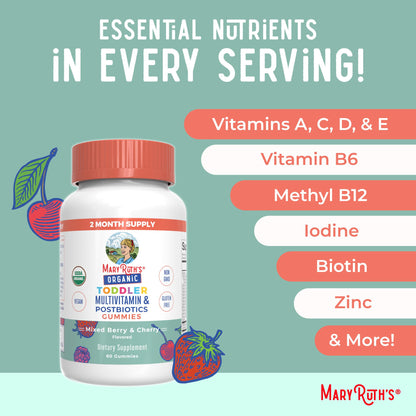 MARYRUTH'S Kids Vitamins USDA Organic | Multivitamin Gummies + Postbiotics for Ages 4+ | Multivitamin for Kids with Lactobacillus Rhamnosus | Children’s Vitamins | Vegan | Non-GMO | 60 Count