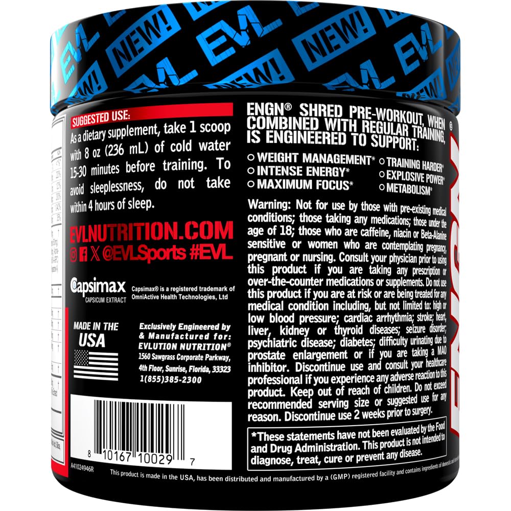 EVL Ultimate Pre Workout Powder - Thermogenic Fat Burner Preworkout Powder Drink for Lasting Energy Focus and Stamina - ENGN Shred Intense Fat Burning Creatine Free Preworkout Drink - Cherry Limeade