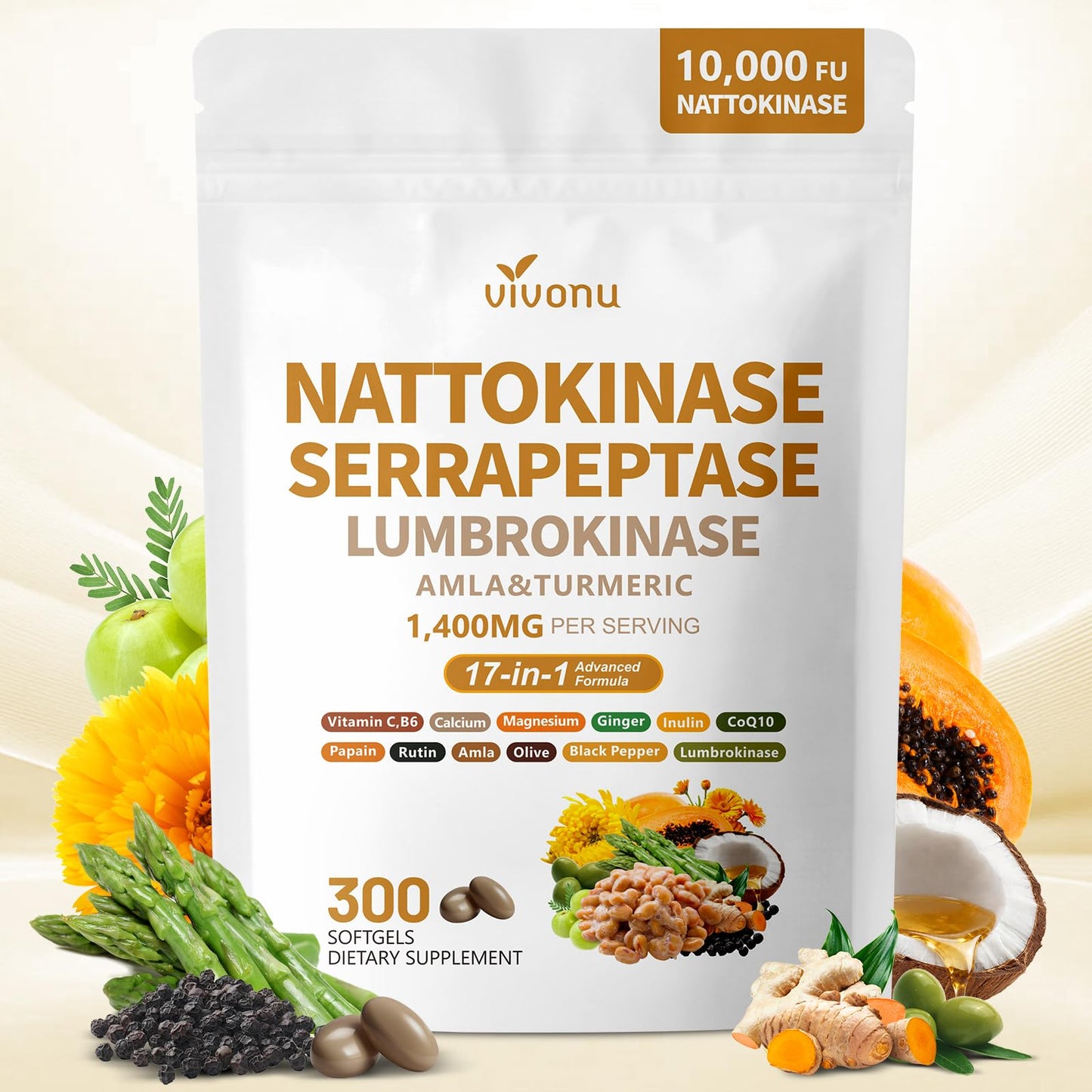VivoNu Nattokinase 300 Softgels, 500mg(10,000 FU) Per Serving | 17-in-1 Organic Nattokinase Supplement with Serrapeptase*,Lumbrokinase*,CoQ10,AMLA&Turmeric|for Heart* Health|Non-GMO
