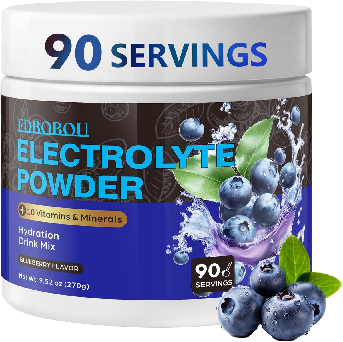 Sugar Free Blueberry Electrolyte Powder Hydration Drink Mix Keto Friendly, Vegan, Non-GMO Fast Hydration with Potassium, Magnesium, Sodium Gluten Free, No Artificial Additives, 90 Servings