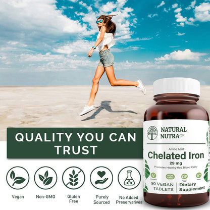 Natural Nutra Chelated Iron Supplement for Men & Women, Nails Health, Promotes Optimal Absorption, Helps Enhance Iron Level, Maintain Body Fulid, Help to Improves Hair Growth, Skin Health, 180 Tablets