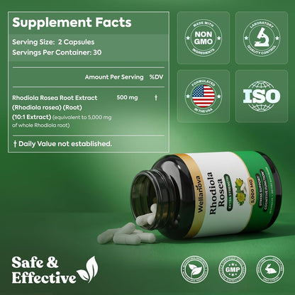 Rhodiola Rosea Supplement Capsules - Extra Strength 10:1 Root Extract 500 mg Equivalent to 5,000 mg Whole Rhodiola - Adaptogenic Herb for Stress Support & Cognitive Function - 60 Capsules
