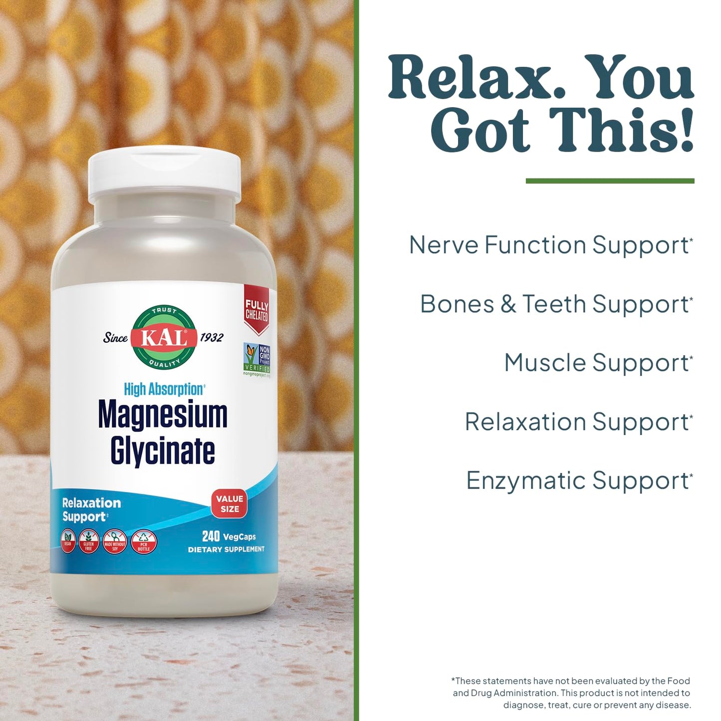 KAL Magnesium Glycinate, New & Improved Fully Chelated High Absorption Formula with BioPerine, Bisglycinate Chelate for Stress, Relaxation, Muscle & Bone Health Support, 60 Servings, 240 VegCaps