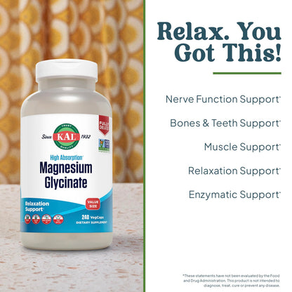 KAL Magnesium Glycinate, New & Improved Fully Chelated High Absorption Formula with BioPerine, Bisglycinate Chelate for Stress, Relaxation, Muscle & Bone Health Support, 60 Servings, 240 VegCaps