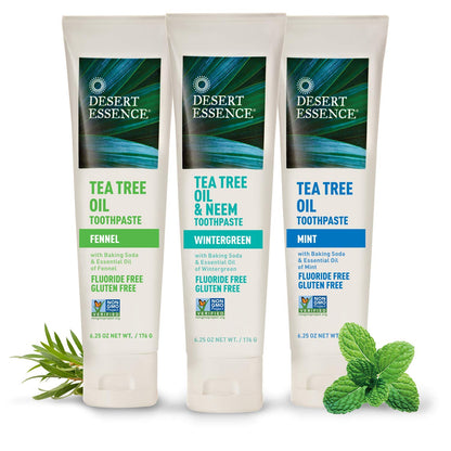 Desert Essence Tea Tree Oil Toothpaste - Mint - 6.25 Ounce - Refreshing Taste - Deep Cleans Teeth & Gums - Helps Fight Plaque - Sea Salt - Pure Essential Oil - Baking Soda - Promotes Healthy Mouth