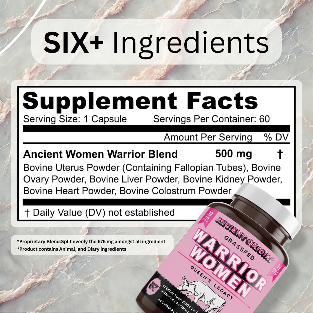 Grass Fed Beef Organ Supplement for Women 500mg – Desiccated Uterus, Ovary, Liver, Kidney, Heart & Colostrum, Non-GMO, Gluten Free, Undefatted by Ancient Origins (60 Caps, 500mg Each)