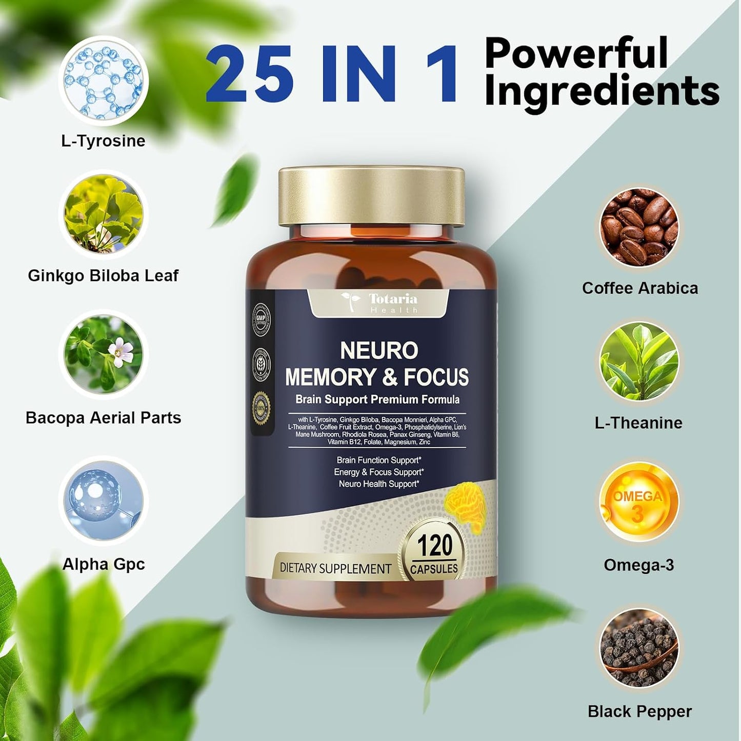 Totaria Brain Supplements for Memory and Focus, Brain Health with L-Tyrosine, Alpha GPC, Ginkgo Biloba, Bacopa Monnieri, Nootropic Cognitive Support - Non-GMO, Gluten Free (120 Counts)