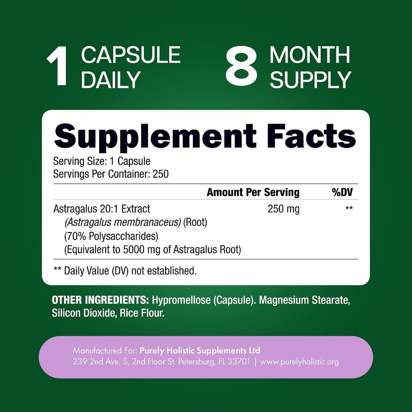 Astragalus Root, 8 Month Supply, Immune Support, 20:1 Astragalus Extract | 20:1 Astragalus Extract, 70% Polysaccharides, High-Concentration Adaptogen Support for Energy & Vitality, Vegan, 250 Capsules