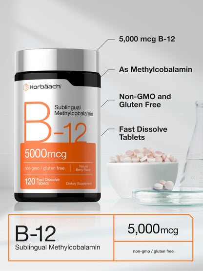Horbäach B12 Vitamin 5000 mcg | 120 Fast Dissolve Tablets | Sublingual Methylcobalamin | Natural Berry Flavor | Vegan, Non-GMO & Gluten Free Supplement