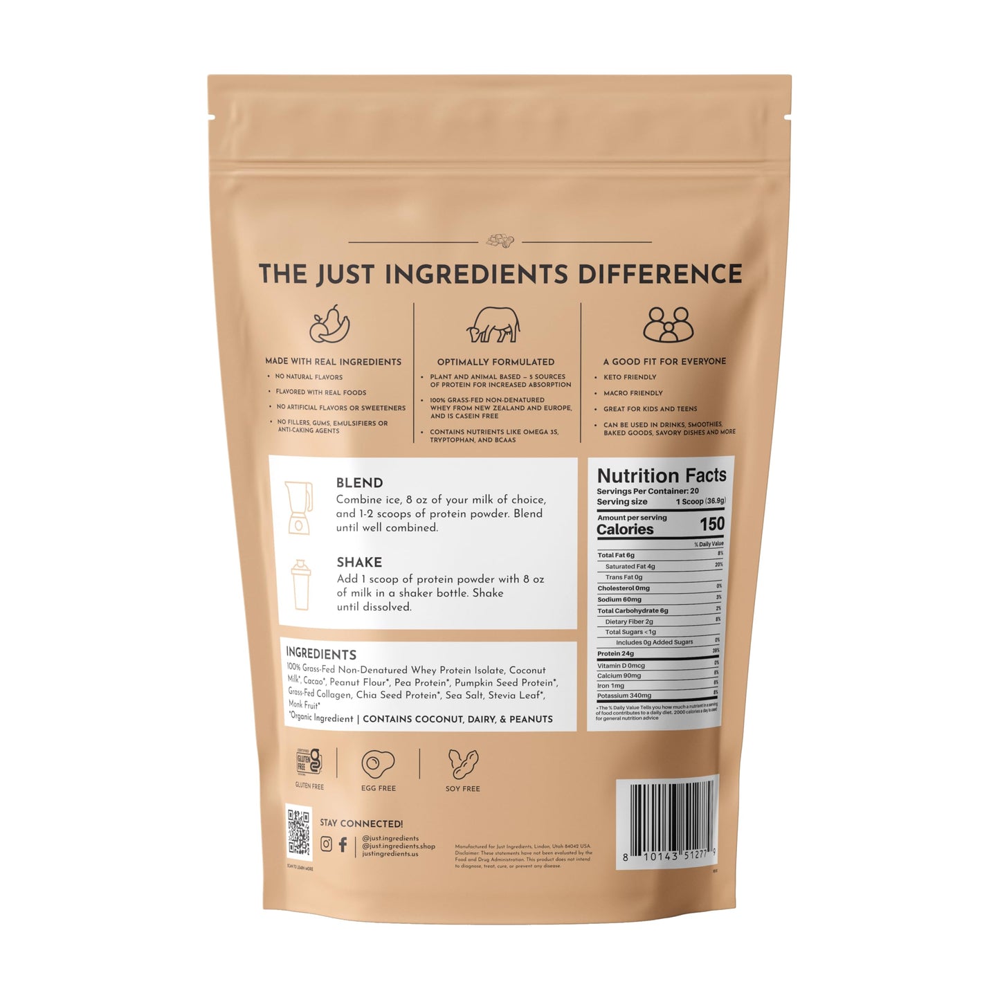 JUST INGREDIENTS Vanilla Bean Protein Powder – 20-Serving Blend with 100% Grass-Fed Whey & Organic Plant Proteins – Real Vanilla Bean & Cinnamon – Supports Muscle Recovery, Energy*