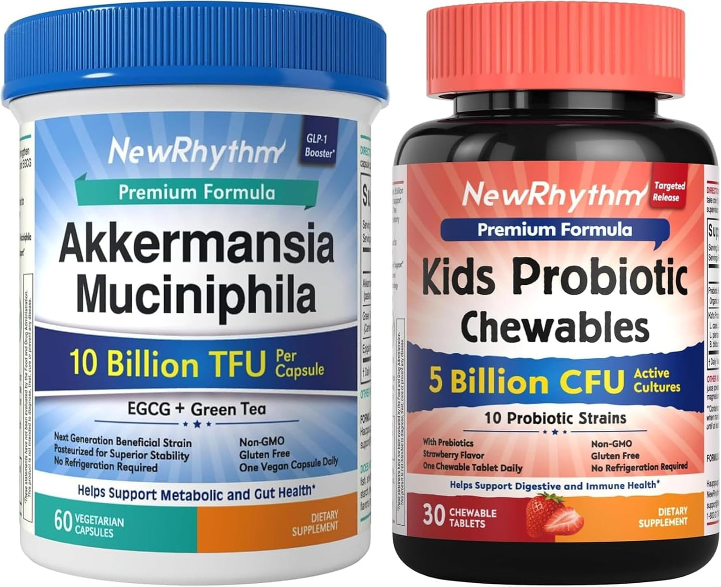 NewRhythm Akkermansia Muciniphila Probiotic, 10 Billion TFU and Kids Probiotic Chewables, 5 Billion CFU 10 Strains