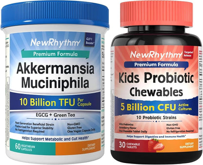 NewRhythm Akkermansia Muciniphila Probiotic, 10 Billion TFU and Kids Probiotic Chewables, 5 Billion CFU 10 Strains