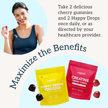 Organifi Strength and Mood Bundle - 30 Servings of Creatine Cherry Chews and Lemon Happy Drops - Delicious Creatine Monohydrate and Calming Saffron Gummies for Men and Women