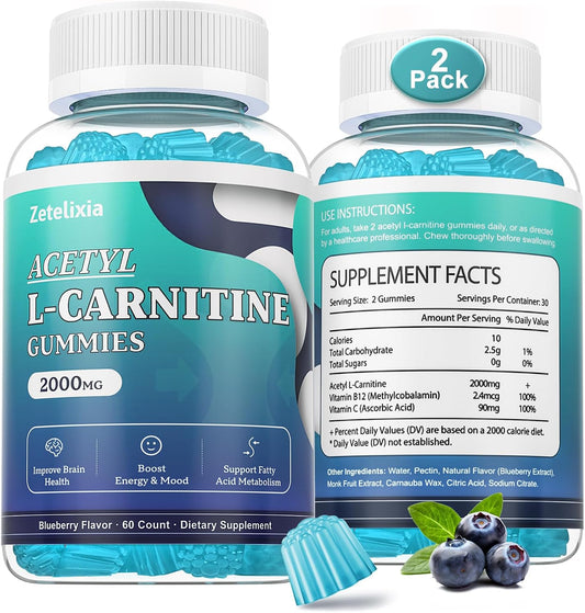 2 Pack Sugar Free Acetyl L-Carnitine Gummies, L-Carnitine Supplement for Women & Men, with Vitamin C & B12, ALCAR for Energy, Brain & Heart Health Support, Vegan, Non-GMO, 120 Count