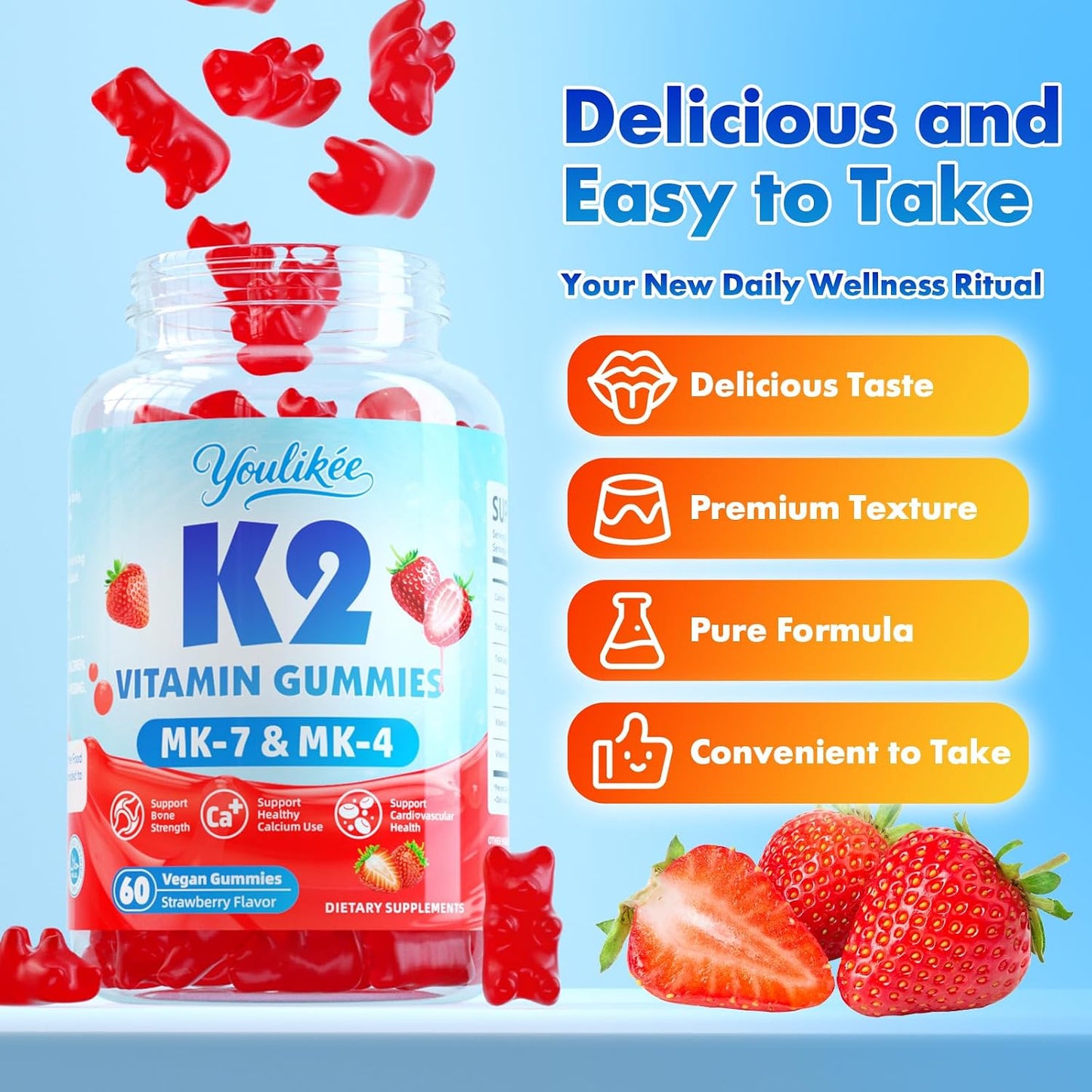 Vitamin K2 Gummies, Dual Formula Vitamin K2 Supplement with MK-7 & MK-4, Supports Bone Health, Gluten-Free, Sugar-Free, Non-GMO, Strawberry Flavor, 60 Gummies