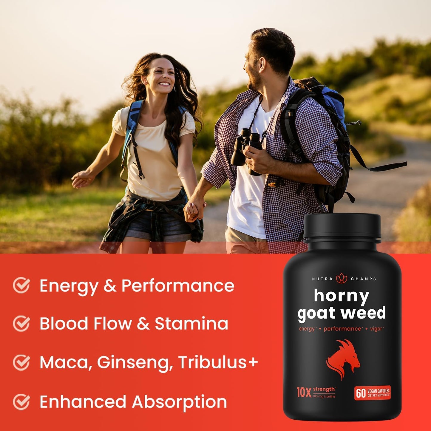 NutraChamps Horny Goat Weed, 1000mg Epimedium Energy Supplement, 10X Strength Icariin, Ginseng, Tribulus & Maca Pills for Women & Men, Enhanced Absorption with Black Pepper, 60 Vegan Capsules