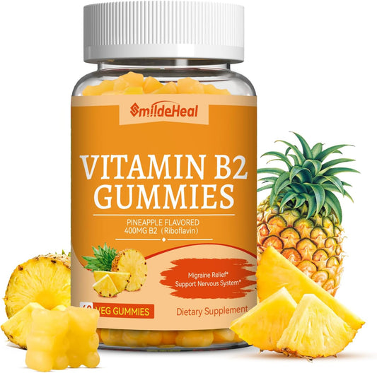 Vitamin B2 Gummies,Riboflavin 400mg Supplement with Magnesium for Adults | B2 Gummies for Migraine Relief* & Nervous System Support*,Vegan - 60 Counts