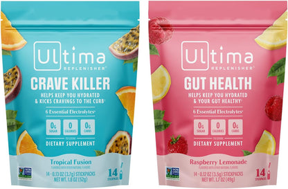 Ultima Replenisher Electrolyte Powder Drink Mix Bundle – Sugar Free – Crave Killer and Gut Health, 14 Stickpacks – 6 Electrolytes and Minerals – Keto Friendly, Vegan, Non-GMO