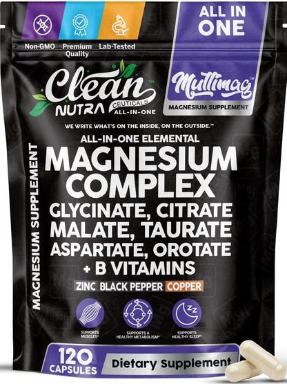 Clean Nutraceuticals Magnesium Complex with Magnesium Glycinate Citrate Malate Oxide Taurate Aspartate Orotate & Mag Chloride, Zinc Copper Manganese & Vitamin C B1 B2 B6 B12 Complex - 1Pack