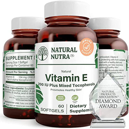 Natural Nutra Vitamin E 200 IU Supplement, 60 Softgels | Helps Heart Health & Protects Skin Texture, Enriches Health Nutrients, Enhances Hair & Nails Growth, Supports Body Fat Level