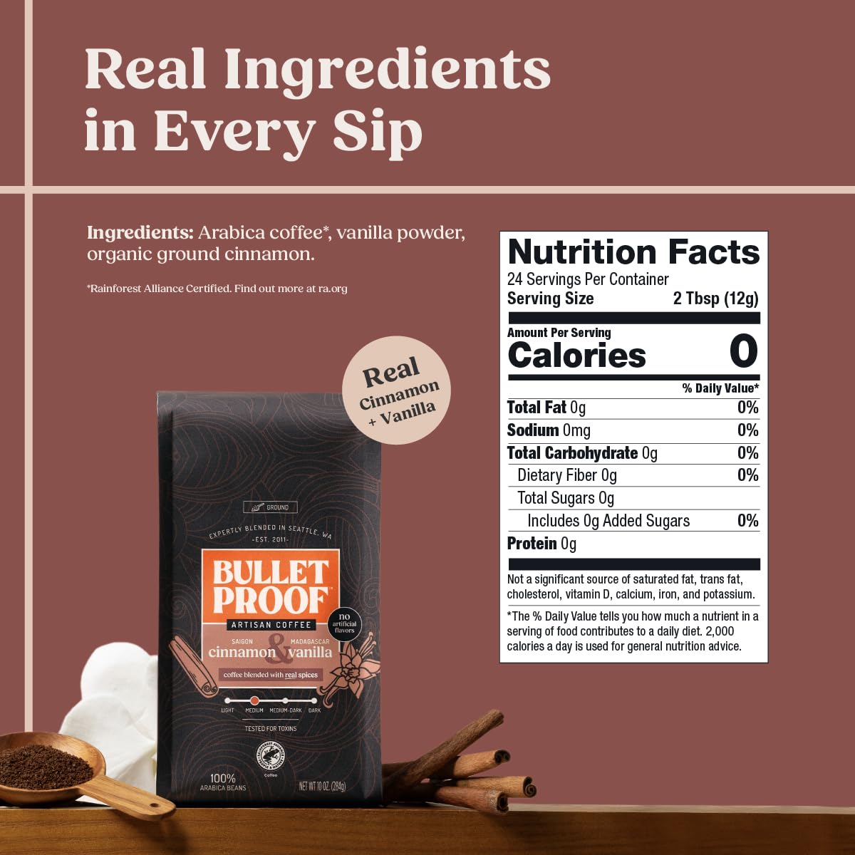 Bulletproof Cinnamon & Vanilla Flavored Ground Coffee, Medium Roast, 10 Oz, Clean Coffee Tested for Toxins, No Artificial Flavors, 100% Arabica Beans
