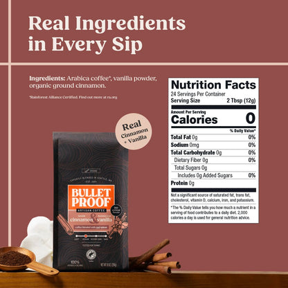 Bulletproof Cinnamon & Vanilla Flavored Ground Coffee, Medium Roast, 10 Oz, Clean Coffee Tested for Toxins, No Artificial Flavors, 100% Arabica Beans