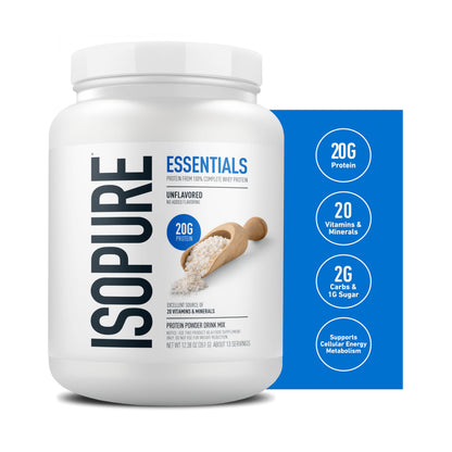 Isopure Essentials 100% Whey Protein Powder, with Vitamins, 20g Protein Per Serving, Unflavored, 13 Servings (Pack of 1)