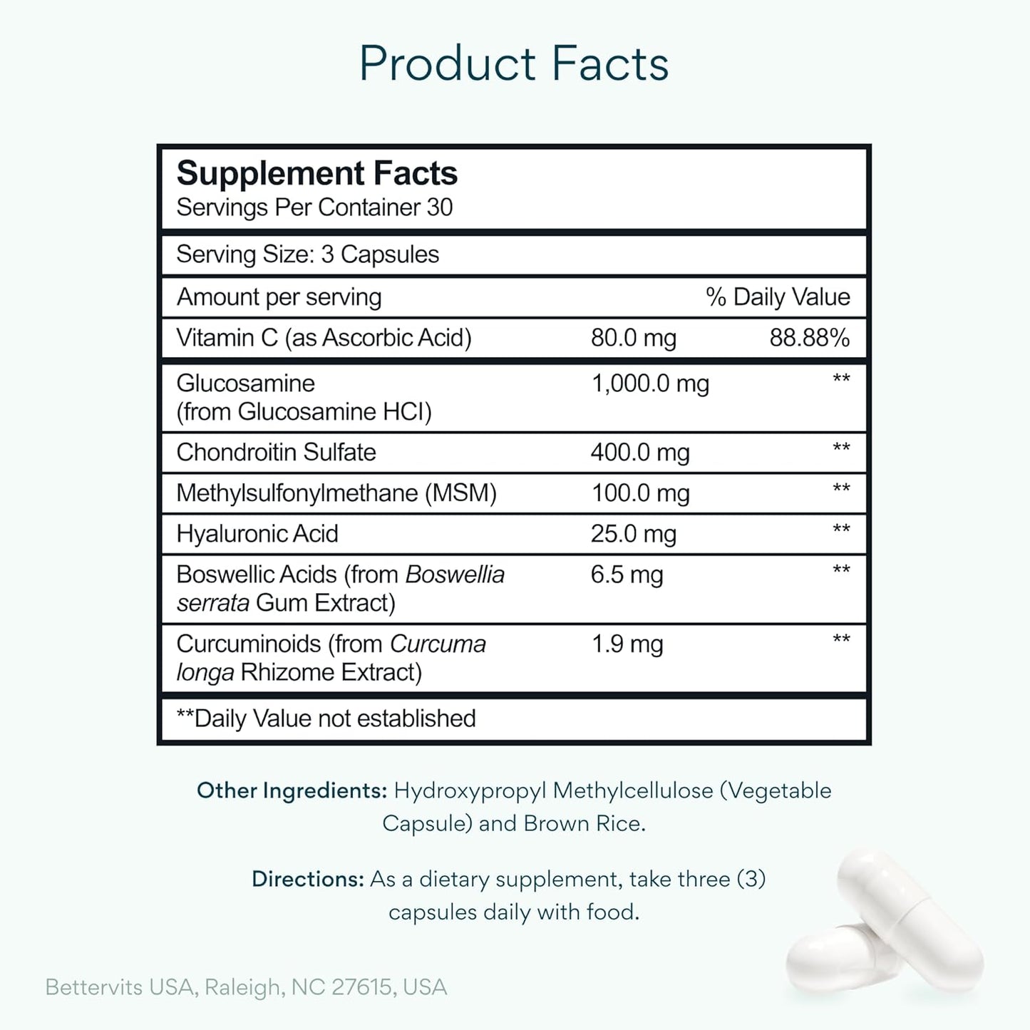 Bettervits Glucosamine Complex with MSM Сhondroitin | Joint Supplements for Women and Men with Vitamin C | Arthritis Support Supplement for Mobility & Flexibility - 90 Capsules