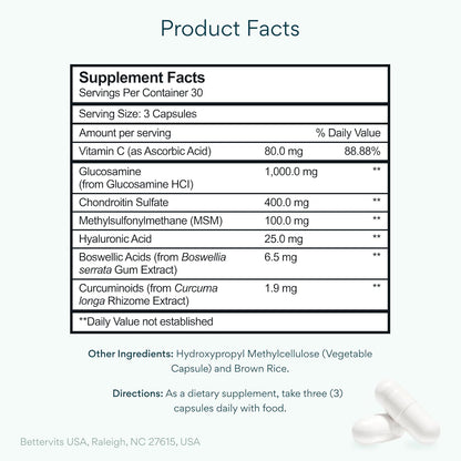 Bettervits Glucosamine Complex with MSM Сhondroitin | Joint Supplements for Women and Men with Vitamin C | Arthritis Support Supplement for Mobility & Flexibility - 90 Capsules